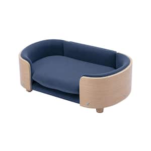 Scandinavian style Elevated Dog Bed Pet Sofa With Solid Wood legs and Bent Wood Back Velvet Cushion in Dark Blue