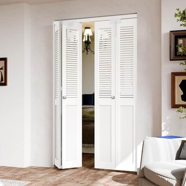64 in. x 80 in. Half-Panel Louver Solid Core White PVC Covering MDF. Wood Bi-fold Door with Lock, Handle & Hardware Kit
