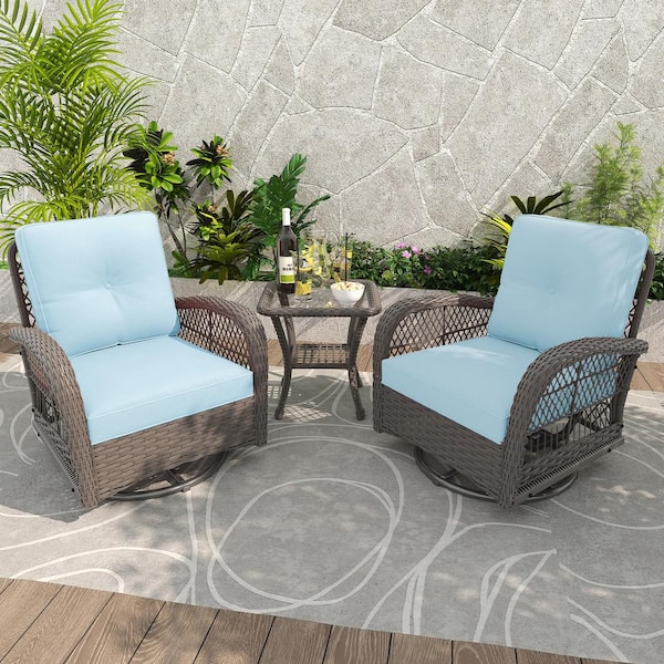 INMITOM 3-Piece Patio Wicker Conversation Set with Baby Blue Cushions and Side Table - Swivel, Rock, and Relax in Style