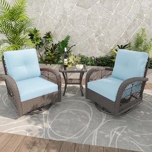 3-Piece Patio Wicker Conversation Set with Baby Blue Cushions and Side Table - Swivel, Rock, and Relax in Style