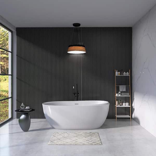 Moray 59 in. x 29 in. Acrylic Flatbottom Freestanding Soaking Non-Whirlpool Bathtub with Pop-up Drain in Glossy White