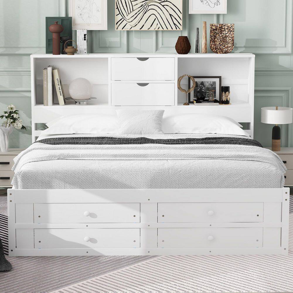 Gray Wood Frame King Size Platform Bed with Storage Headboard and 8 Drawers - thumbnail 10