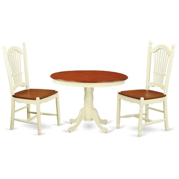 East West Furniture 3-Piece Buttermilk and Cherry Solid Wood Top - Round Dining Room Set - Seats 4