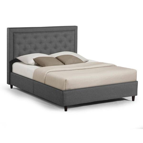 Glamour Home Alivia Dark Grey Upholstered Platform Queen Bed with Button Stitching Accent