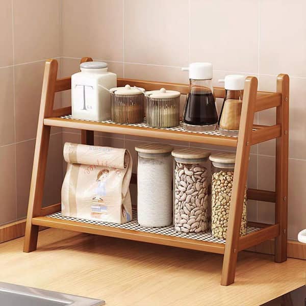 Brown Bamboo 2 Tier Mug Holder Countertop, Coffee Station Organizer Kitchen Counter Shelf for Tea Coffee Bar Accessories