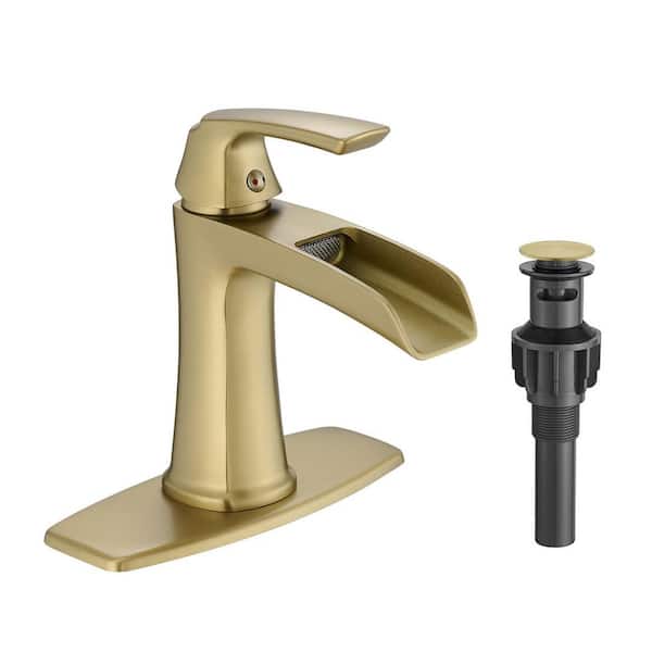 Single Handle Single Hole Bathroom Sink Faucet with Pop-up Drain Set Brass Waterfall Vanity Basin Taps Brushed Gold