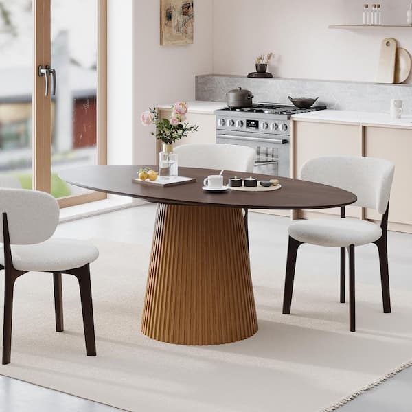 Oval Brown Wooden Solid Wood 67 in. Wood Column Pedestal Base Dining Table Seats 6