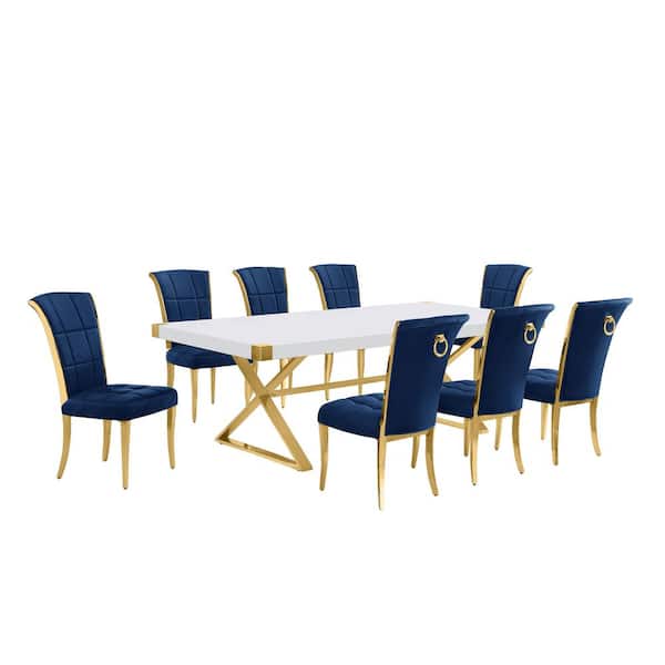 Best Quality Furniture Miguel 9-Piece Rectangle White Wood Top Gold Stainless Steel Dining Set with 8 Navy Blue Velvet Chairs