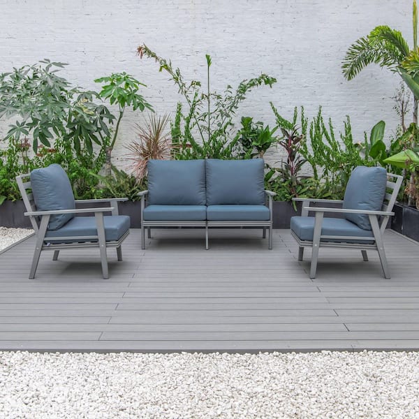 Leisuremod Walbrooke Grey 3-Piece Aluminum Outdoor Loveseat and Set of 2 Armchairs with Removable Cushions, Navy Blue
