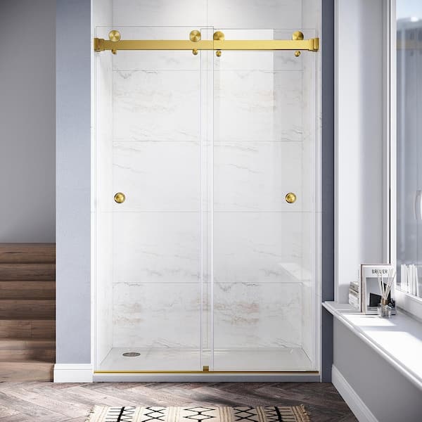 UNIKOO UKD01 46 to 49 in. W. x 80 in. H Double Sliding Frameless Shower Door in Satin Brass, Enduro Shield 3/8 in. Clear Glass