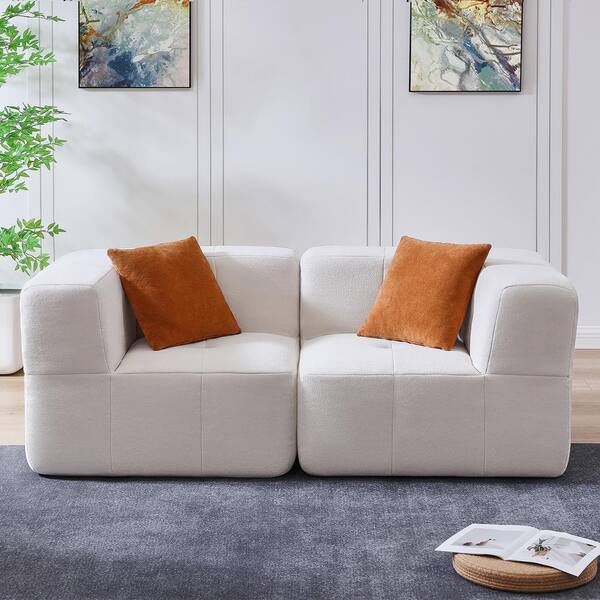 BYBLIGHT 72 in. W Straight Arm Marshmallow Sofa, Rectangle Loveseat Cloud Couch with 2 Throw Pillows, Polyester, Beige