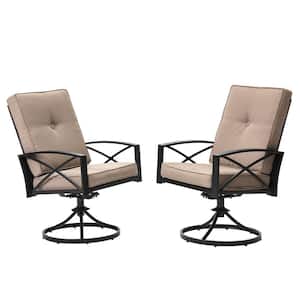 2-Piece Black Metal Outdoor Dining Chairs, Patio Swivel Chair with Brown Removable Cushions for Backyard Lawn Garden