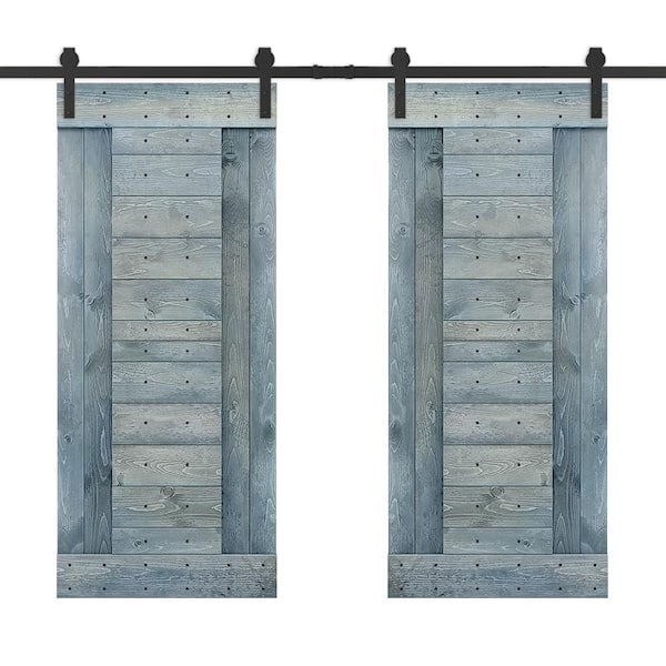 CALHOME 60 in. x 84 in. Denim Blue Stained DIY Knotty Pine Wood Interior Double Sliding Barn Door with Hardware Kit