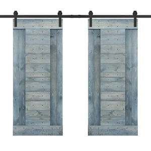 72 in. x 84 in. Denim Blue Stained DIY Knotty Pine Wood Interior Double Sliding Barn Door with Hardware Kit