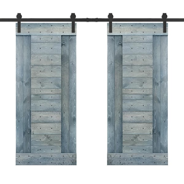 CALHOME 72 in. x 84 in. Denim Blue Stained DIY Knotty Pine Wood Interior Double Sliding Barn Door with Hardware Kit