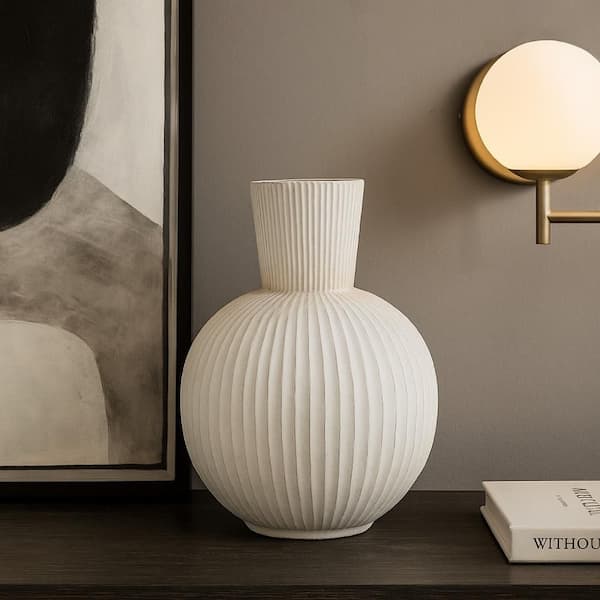 Gany 22 in. White Resin Round Decorative Vase