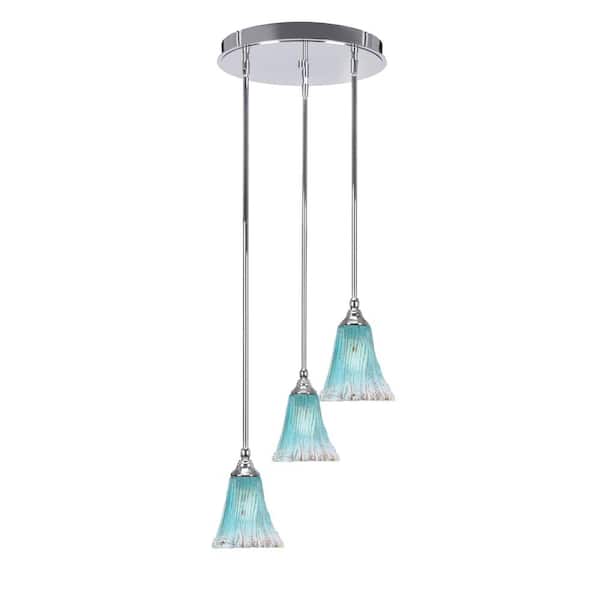 Unbranded Villa 60-Watt 14.75 in. 3 Light Chrome Stem Pendant Light with 5.5 in. Teal Crystal Glass Shade, No bulbs included