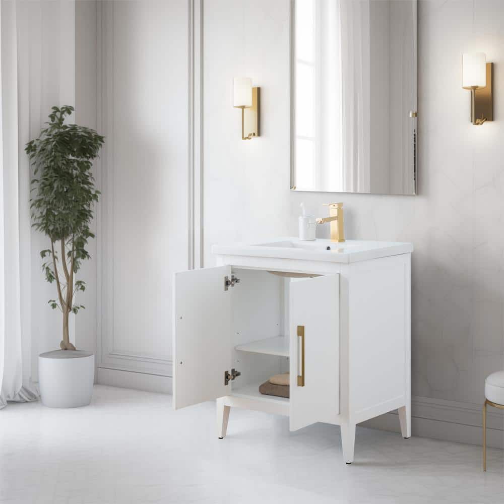 White Poplar Wood 30" Single Vanity with Golden Brushed Accents