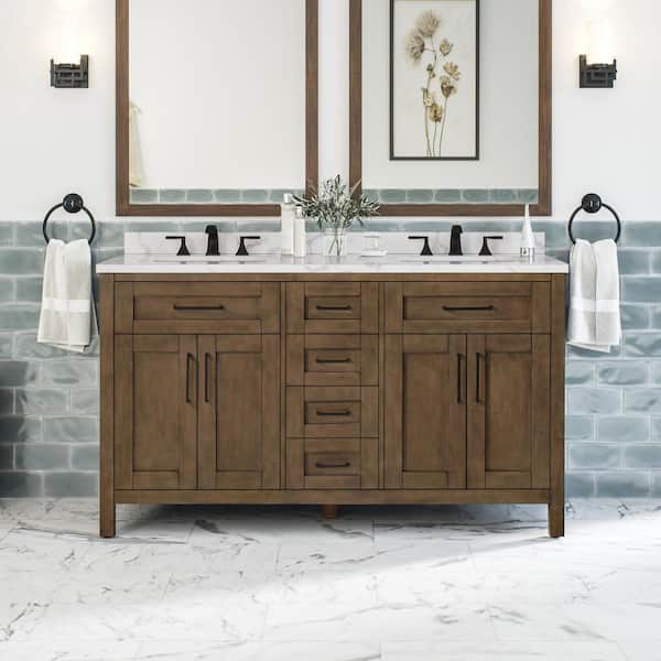 OVE Decors Tahoe 60 in. W x 21 in. D x 34 in. H Double Sink Bath Vanity in Almond Latte with White Engineered Marble Top and Outlet