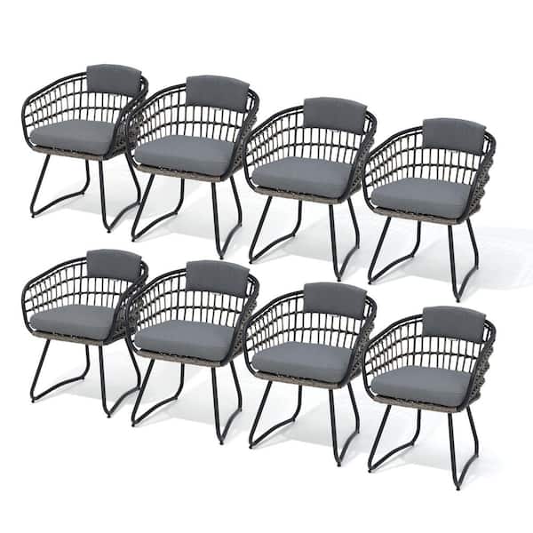 Outdoor Patio Wicker Dining Chairs PE Rattan Seating Set with Cushion in Gray (Set of 8)