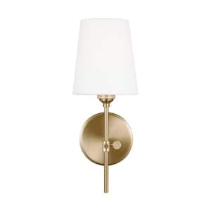 Baker 5.5 in. 1-Light Satin Brass Wall Sconce With White Linen Fabric Shade