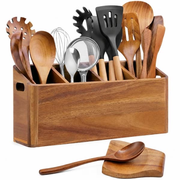 Wooden Acacia Wood Utensil Holder with 4 Compartments and Spoon Rest Countertop Organizer