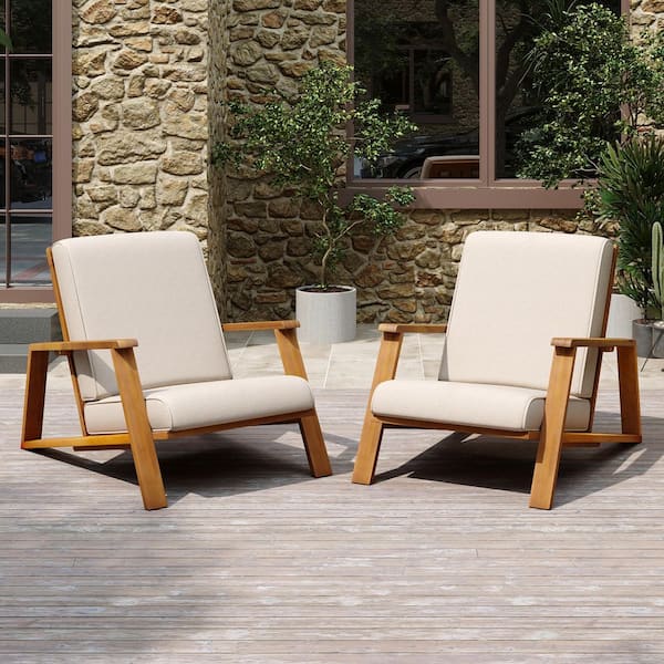 Hosea Patio Teak Finish Solid Wood Outdoor Lounge Chair with Beige Cushions, Set of 2