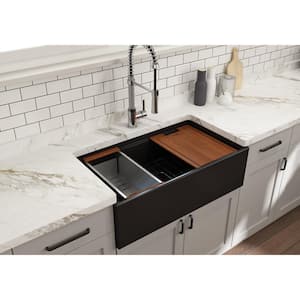 Step-Rim Matte Black Fireclay 33 in. Single Bowl Farmhouse Apron Front Workstation Kitchen Sink with Accessories