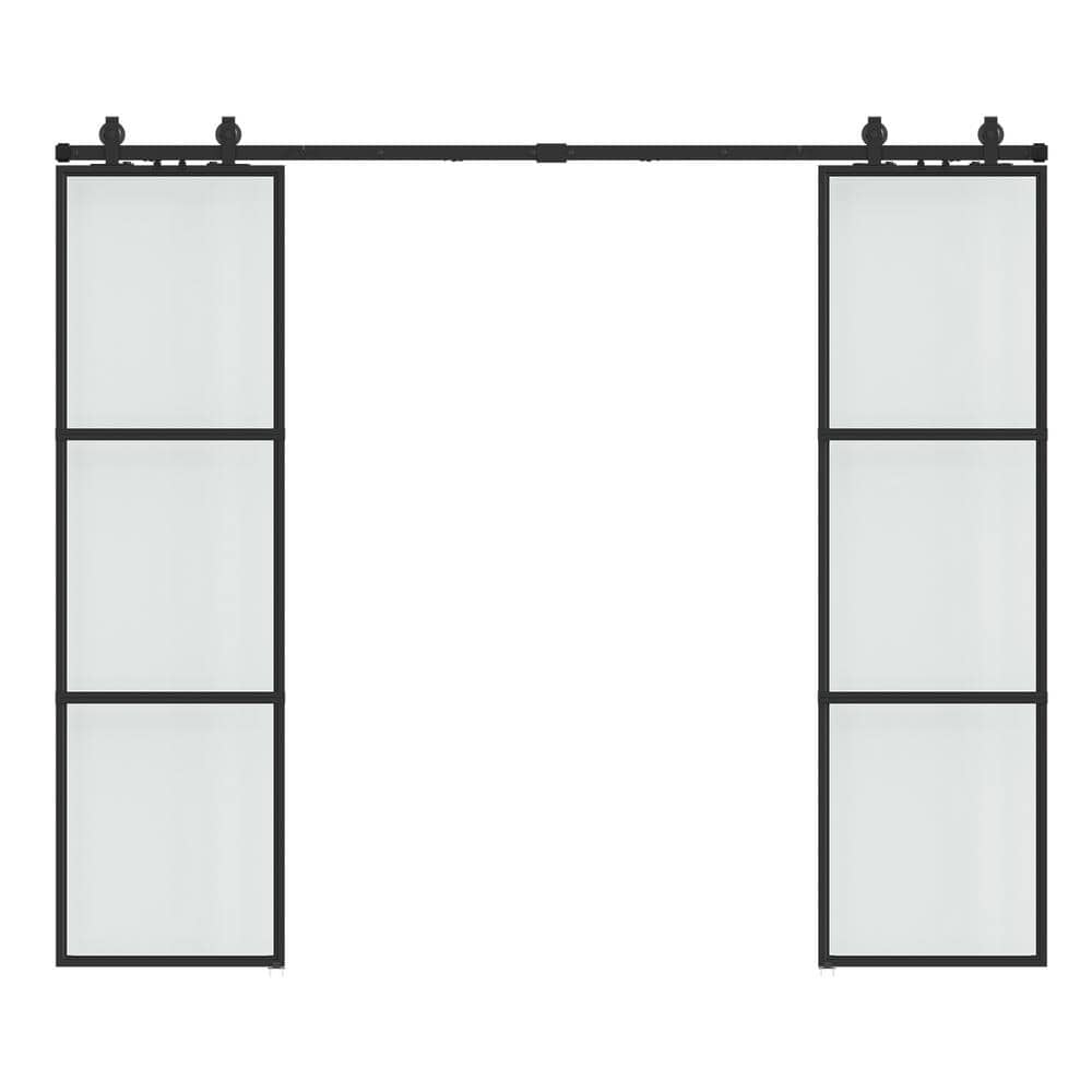 48 in. x 84 in. Full-lite Frosted Glass Black Metal Frame Double Sliding Ba