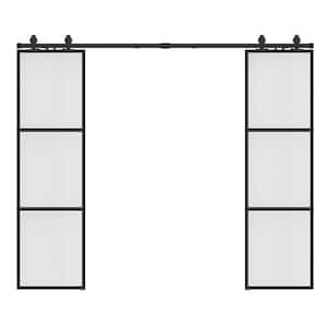 48 in. x 84 in. Full-lite Frosted Glass Black Metal Frame Double Sliding Barn Door with Hardware Kit and Soft-close