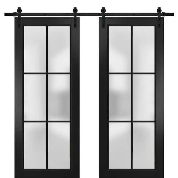 30 in. x 96 in. 2 Panel Frosted Glass Black Matte Solid Wood Sliding Barn Door with Hardware Kit