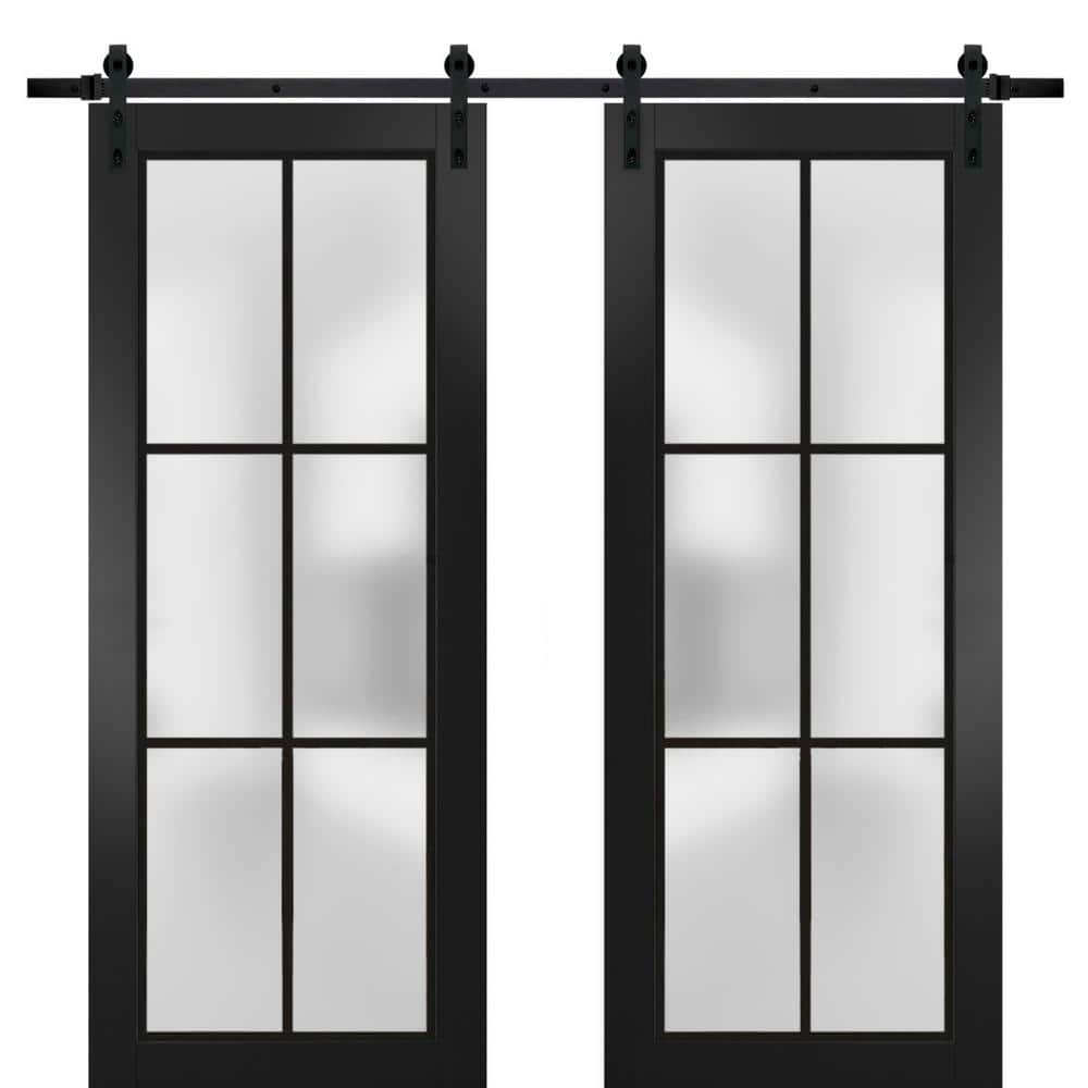 Assemble Required 42 in. x 80 in. 2-Panel Frosted Glass Black Matte Solid Wood Sliding Barn Door with Hardware Kit price history on PriceWatchPro