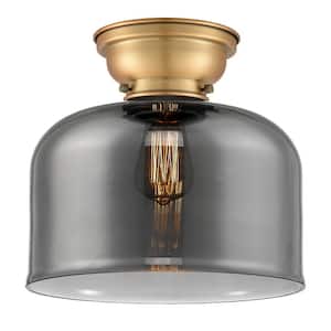 Aditi Bell 12 in. 1-Light Brushed Brass Flush Mount with Plated Smoke Glass Shade