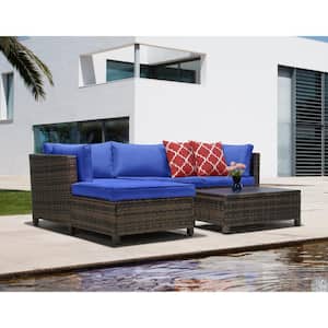 3-Piece Wicker Patio Sectional Seating Set with Bule Cushions