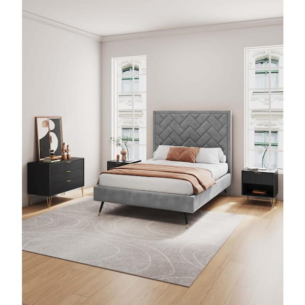 Manhattan Comfort DUMBO Black 1-Drawer 20.07 in. Nightstand and 3-Drawer 35.19 in. Dresser with SNAP Tool-Free Assembly