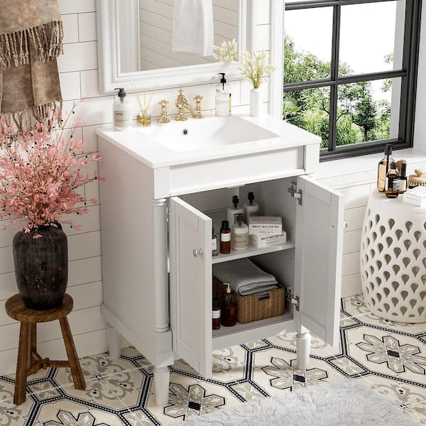 24 in. Single Sink White Bath Vanity with White Ceramic Top 2-Tier Bathroom Storage Cabinet Unassembled