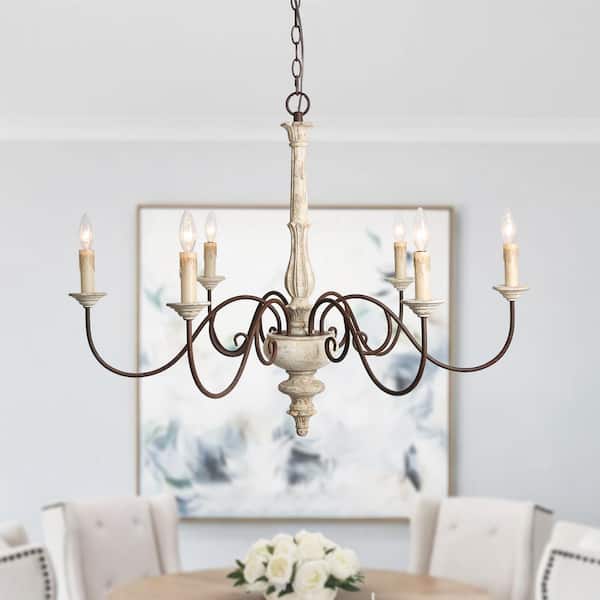 Distressed White Wood 5-Light Chandelier Retro Pendant Lamp with Scrolled Arms 