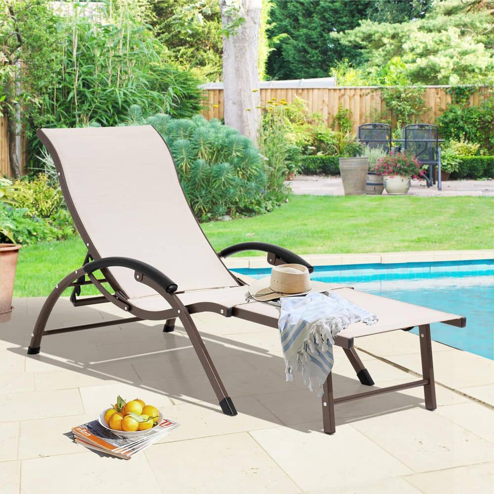 Poolside Patio Deck Crestlive Products Outdoor Folding Reclining Chaise Lounge Chair All Weather in Brown Finish for Lawn Aluminum Adjustable Portable Sun Tanning Rocking Lounger Brown 