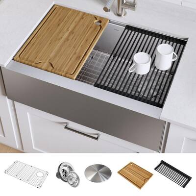 Kore Workstation Farmhouse/Apron-Front Stainless Steel 33 in. Single Bowl Kitchen Sink with Accessories