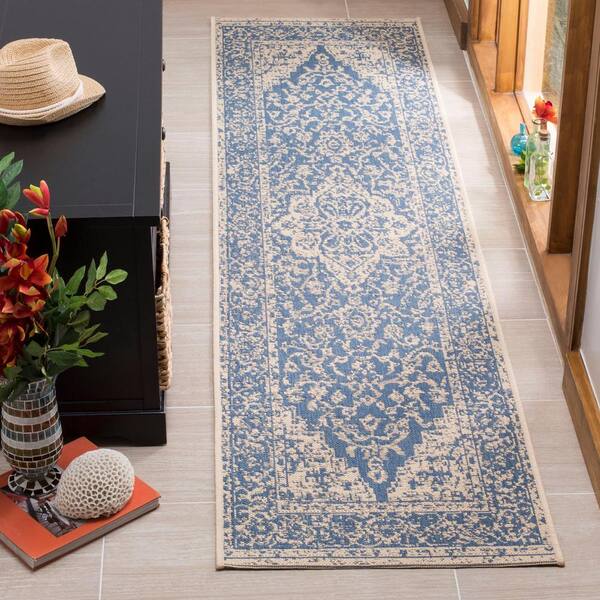 Linden Blue/Cream 2 ft. x 10 ft. Border Antique Medallion Indoor/Outdoor Runner Rug