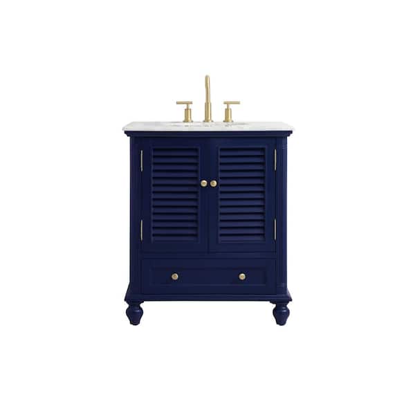 Unbranded Simply Living 30 in. Single Bathroom Vanity in Blue with Marble Vanity Top in Carrara White