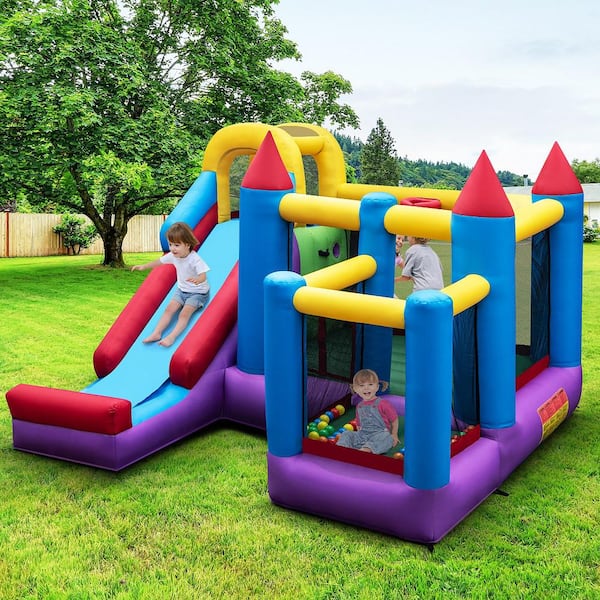 5-In-1 Inflatable Bounce House with Basketball Rim and Climbing Wall with 735-Watt Blower