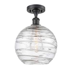 Athens Deco Swirl 10 in. 1-Light Matte Black Semi-Flush Mount with Clear Deco Swirl Glass Shade
