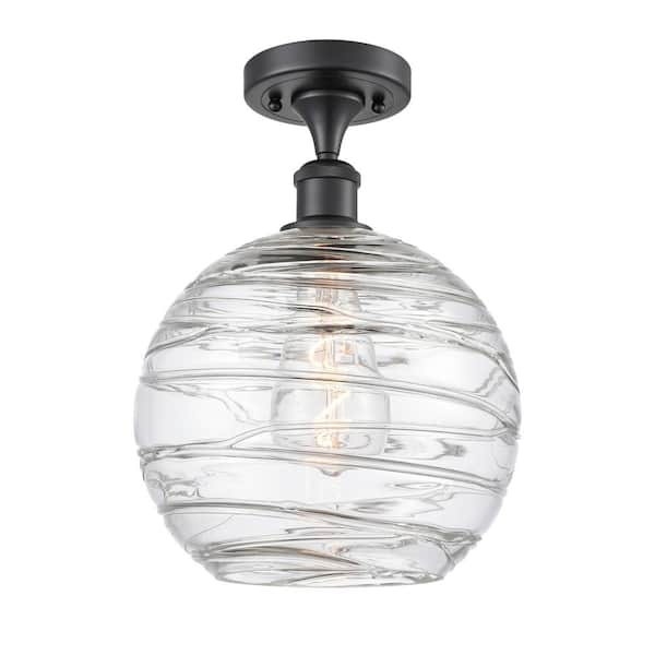 Innovations Athens Deco Swirl 10 in. 1-Light Matte Black Semi-Flush Mount with Clear Deco Swirl Glass Shade
