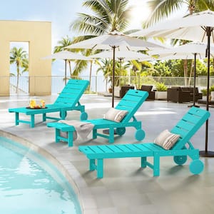 Heli Recycled Aruba Blue HDPS Patio Lounge Chair Plastic Stackable Outdoor Chaise Lounge Chair with Wheel Set of 3