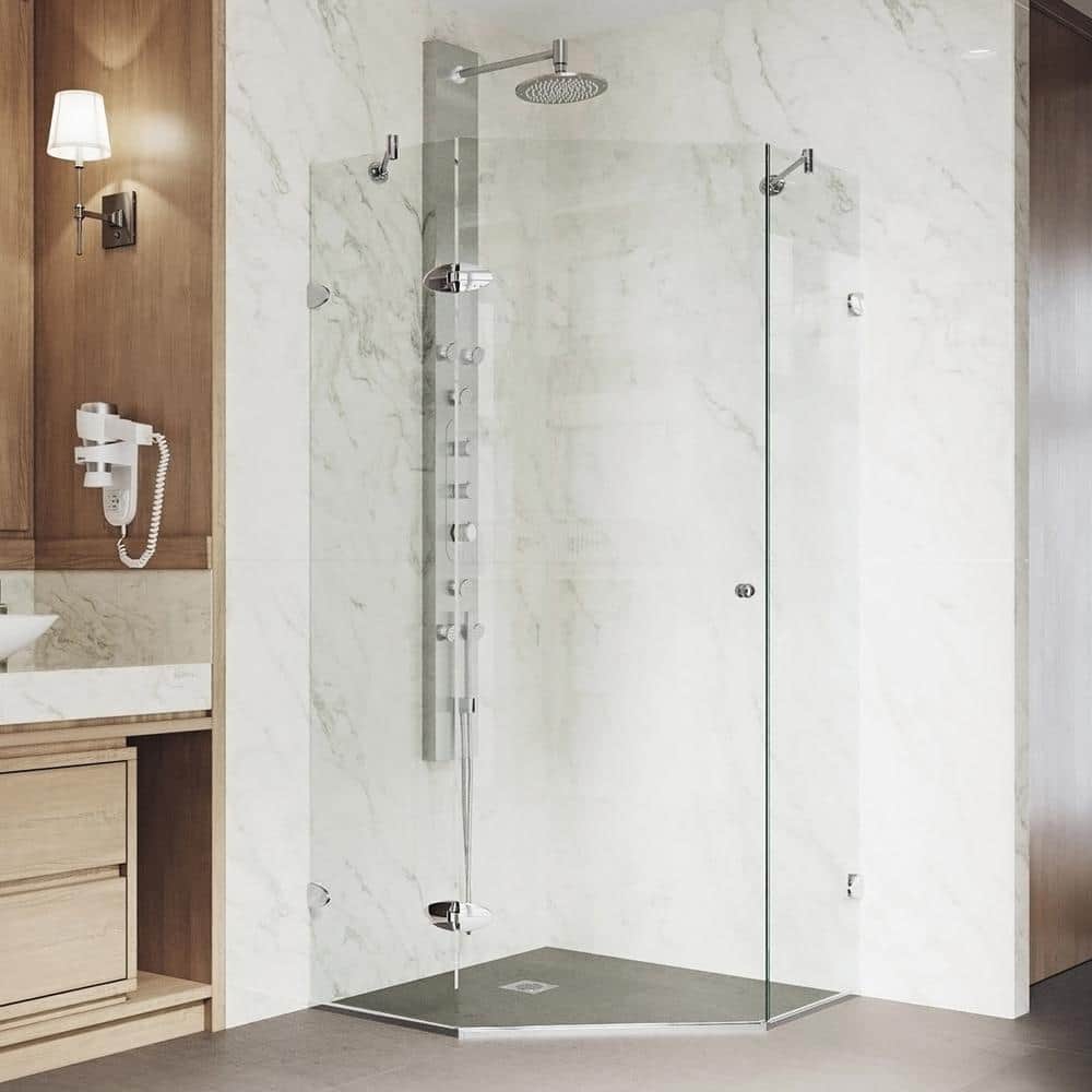 VG6061CHCL36W 36"" x 36"" Shower Enclosure with Frameless Neo Angle Design  Tempered Clear Glass  Acrylic Fiberglass Base  Reversible Installation and -  Vigo