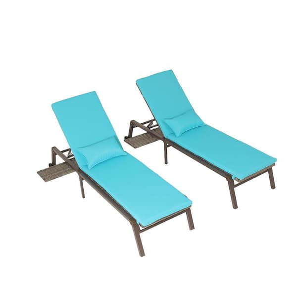 Zeus & Ruta Metal Outdoor Chaise Lounge, Patio Folding Chair Adjustable Backrest 5 Position with Lake Blue Cushions Set of 2