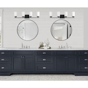 Mod Pod 31.25 in. 4-Light Black Bathroom Vanity Light Fixture with Frosted Glass Cylinder Shades