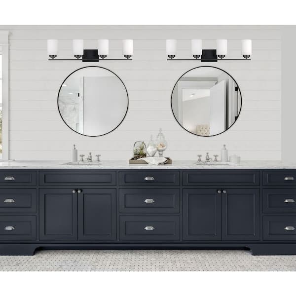 Mod Pod 31.25 in. 4-Light Black Bathroom Vanity Light Fixture with Frosted Glass Cylinder Shades