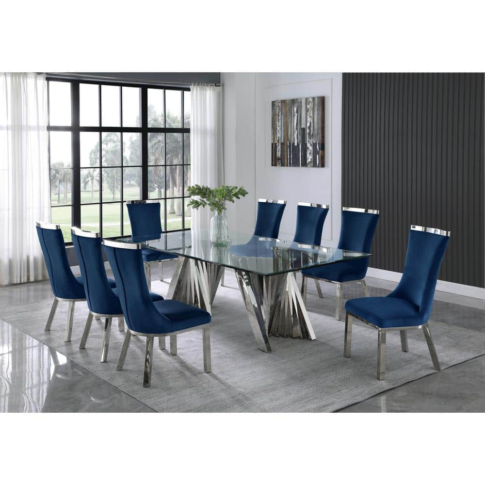 Navy Blue Velvet and Clear Glass 9-Piece Dining Set